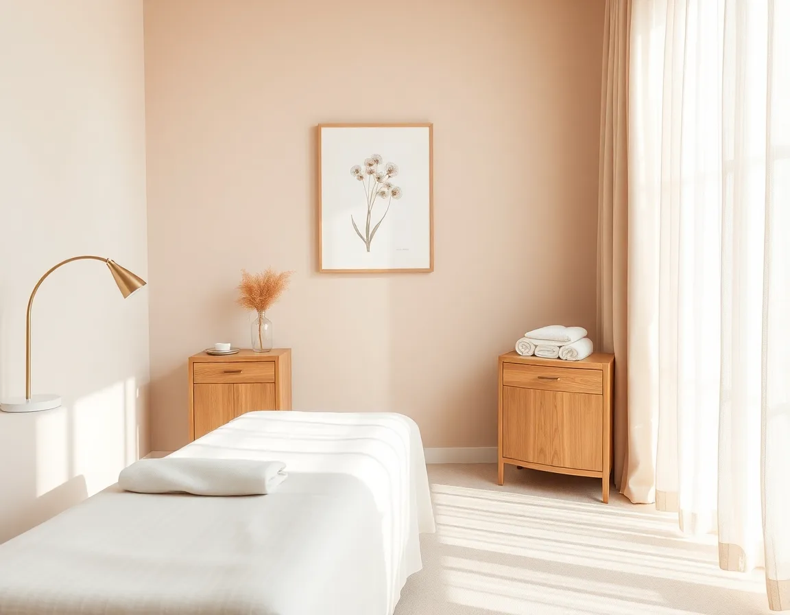 Helles Behandlungszimmer mit Tageslicht, einem breiten Kosmetikstuhl und warmer Holzmöblierung.